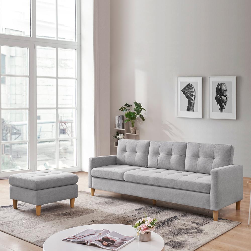 Two Piece Upholstered Tufted L Shaped Sectional with Ottoman in Light Grey