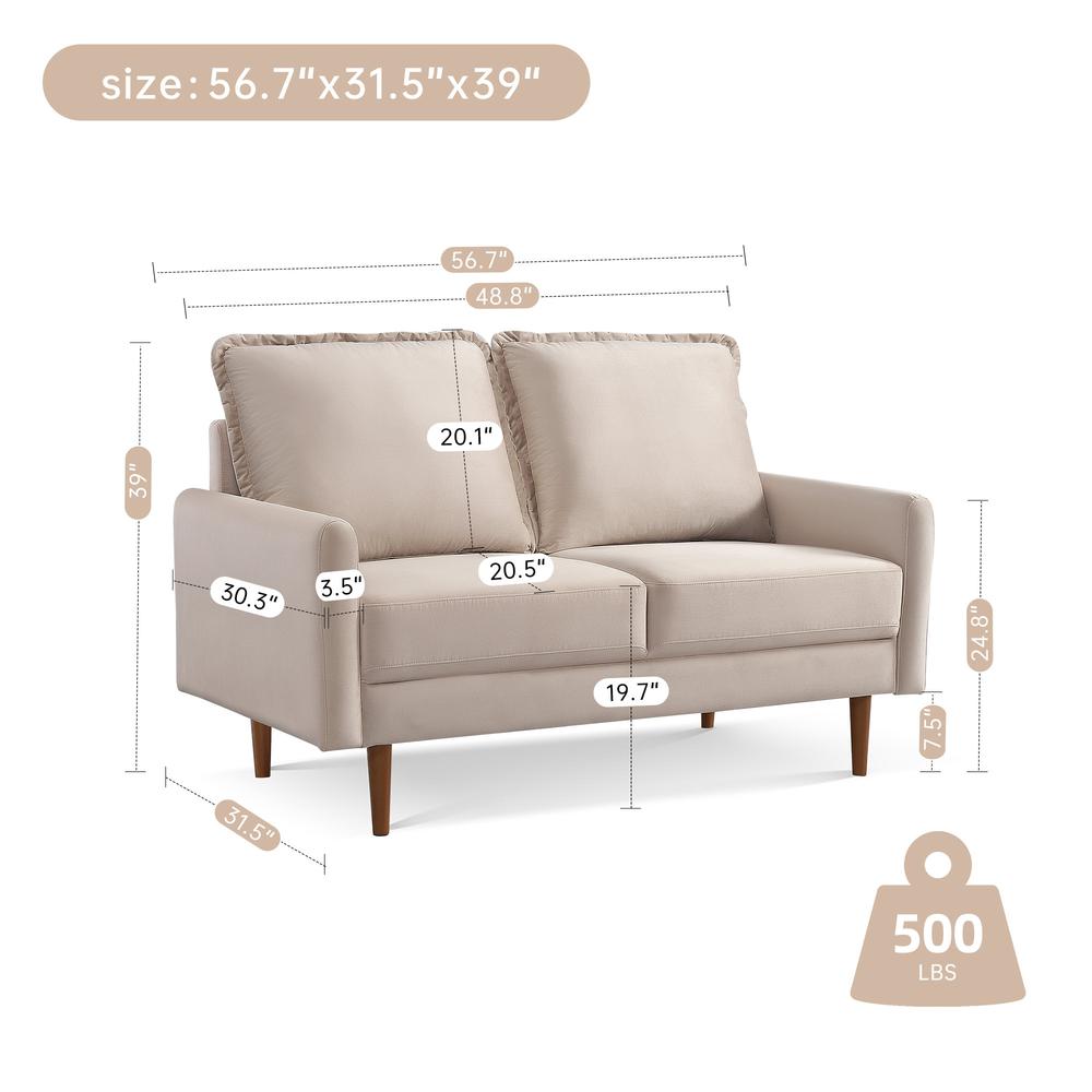 57 Inch Wide Upholstered Two Cushion Loveseat with Cambered Arms