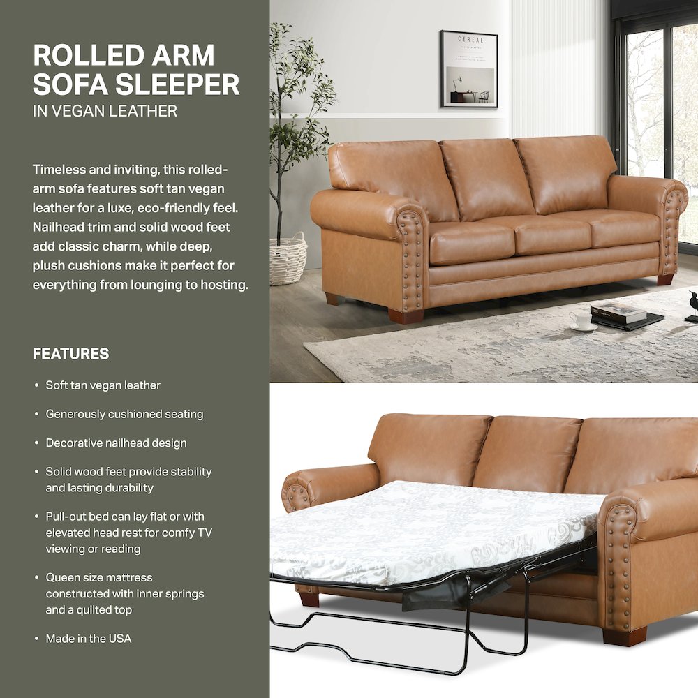 Vegan Leather Rolled Arm Sleeper Sofa
