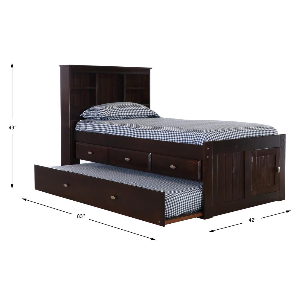 Twin Bookcase Bed with Three Drawers and a Twin Sized Trundle