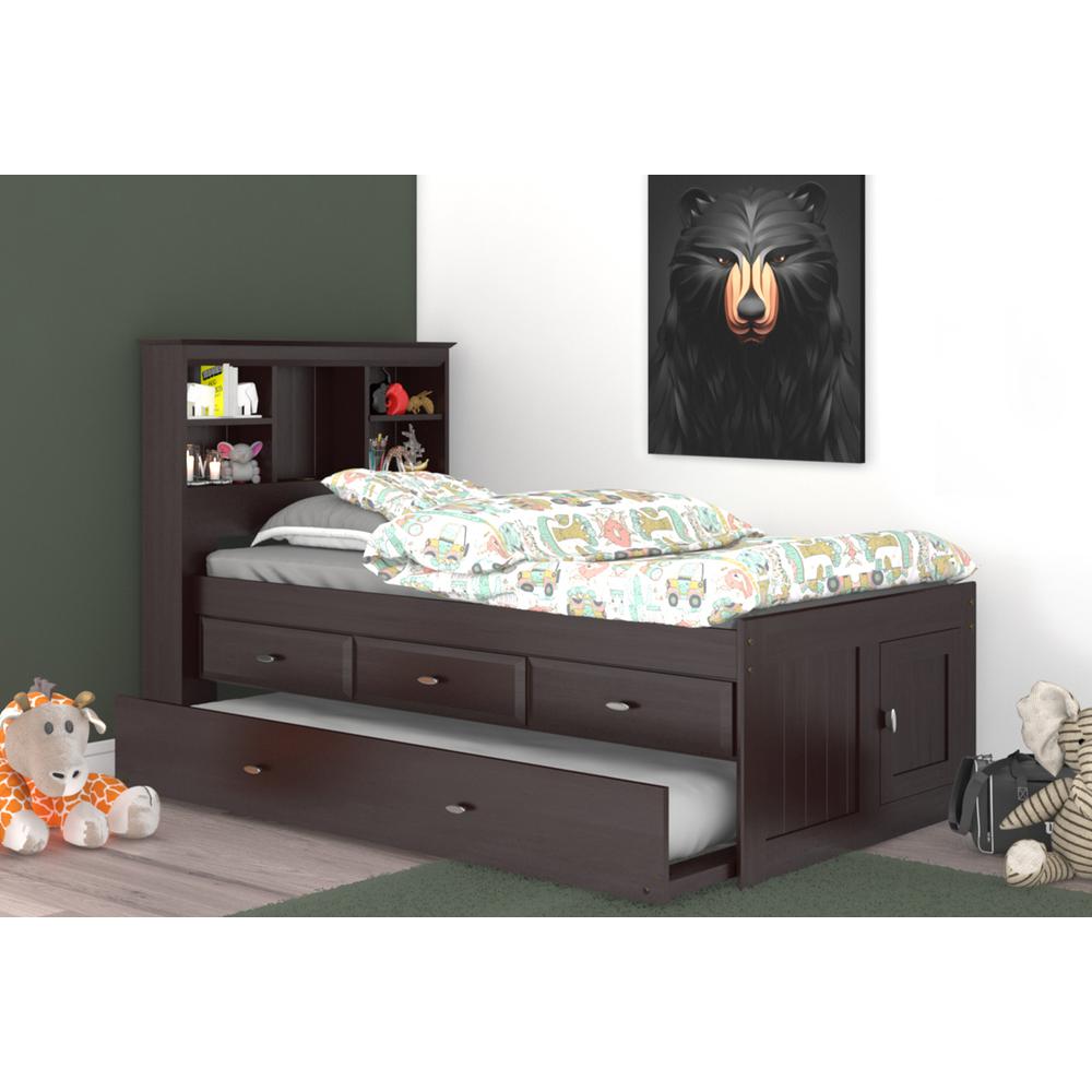 Twin Bookcase Bed with Three Drawers and a Twin Sized Trundle