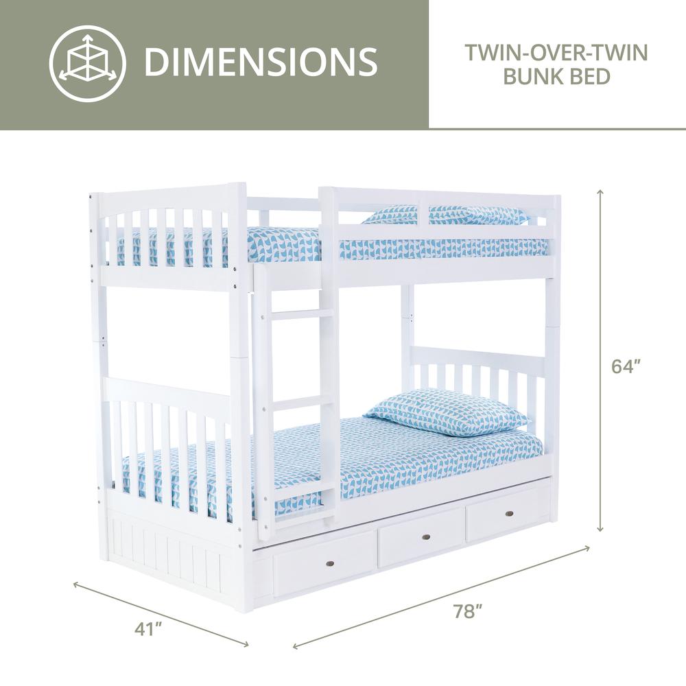 Solid Pine Twin over Twin Bunk Bed with Three Drawers in Casual White