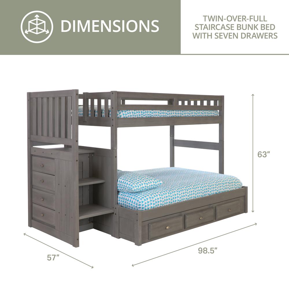Solid Pine Mission Staircase Twin over Full Bunk Bed with Seven Drawers