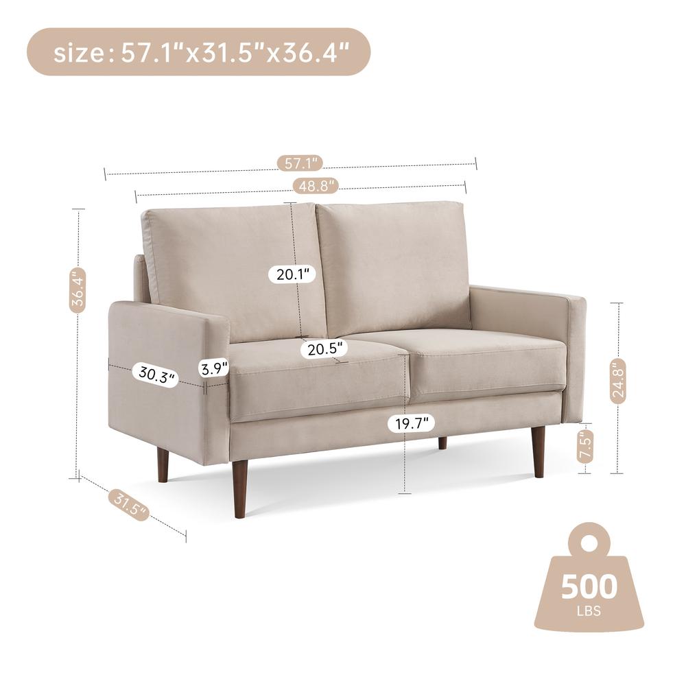 57 Inch Wide Upholstered Two Cushion Loveseat with Square Arms