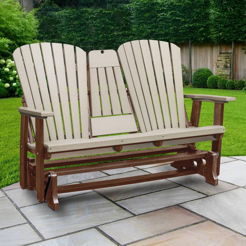 Two Seat Fan Back Glider with Drop Down Table/Cup Holder in Weatherwood