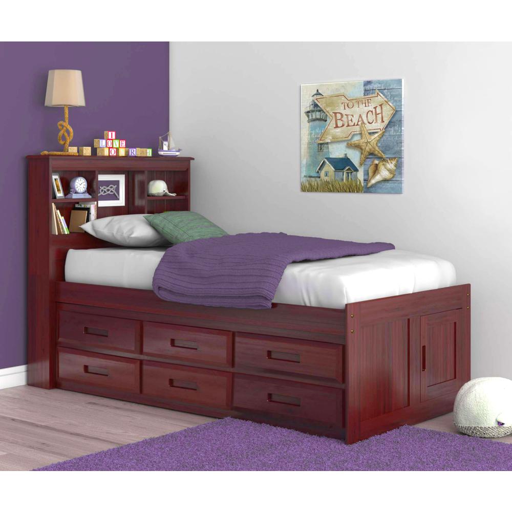 OS Home and Office Furniture Model 82820K6-22 Solid Pine Twin Captains Bookcase Bed with 6 drawers in Rich Merlot