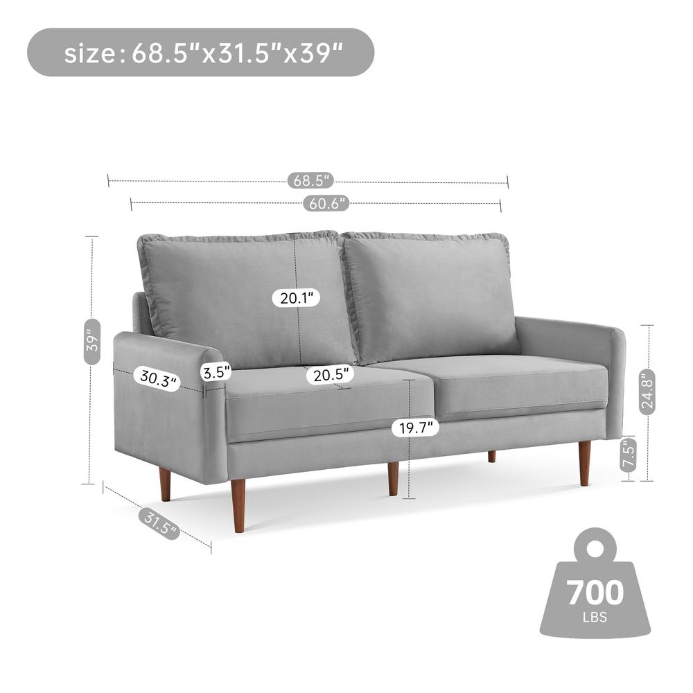 69 Inch Wide Upholstered Two Cushion Sofa with Cambered Arms
