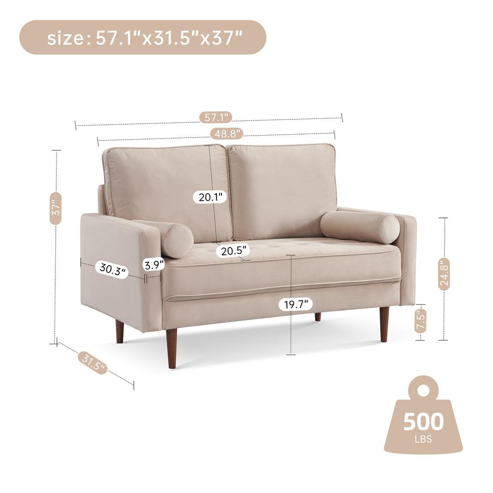 57 Inch Wide Upholstered Two Cushion Loveseat with Bolster Pillows