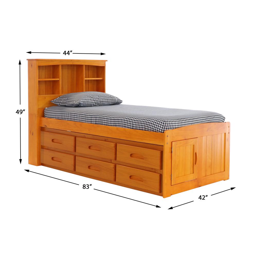 OS Home and Office Furniture Model 82120K6-22 Solid Pine Twin Captains Bookcase Bed with 6 drawers in Warm Honey