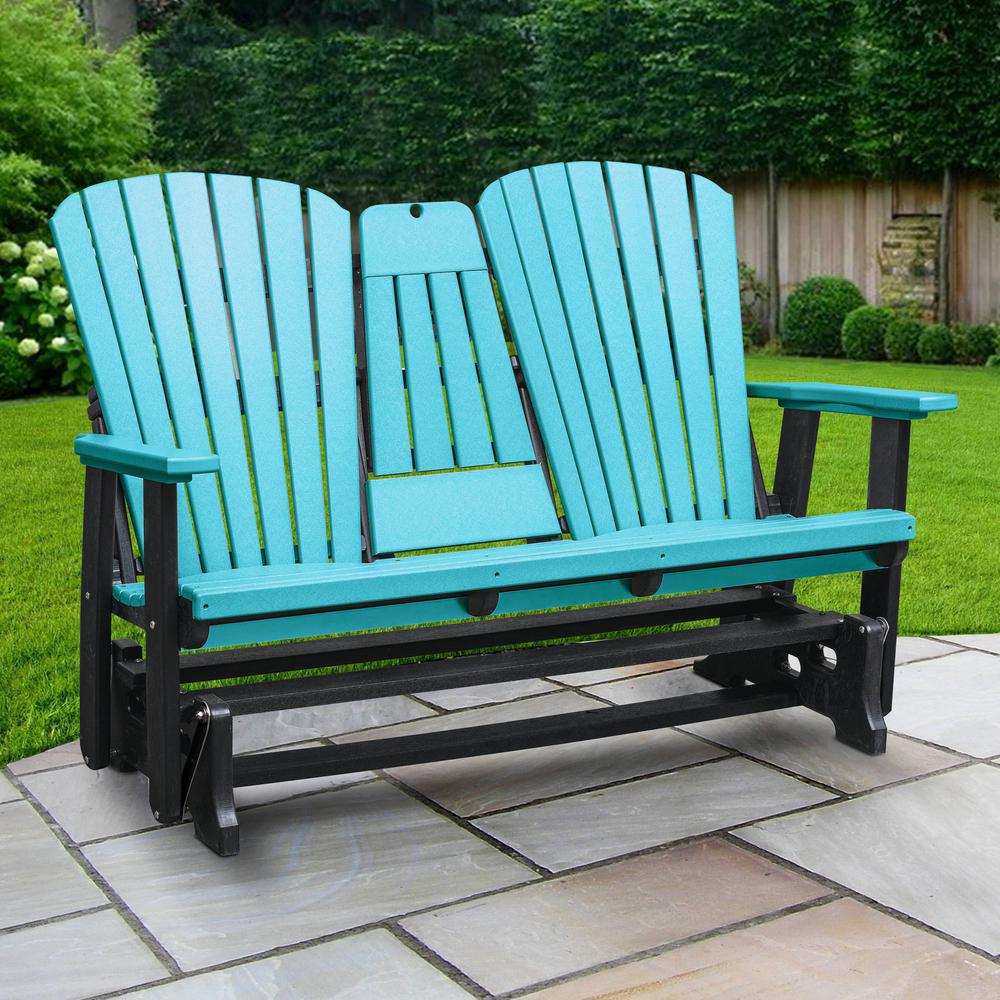 Two Seat Fan Back Glider with Drop Down Table/Cup Holder in Aruba Blue