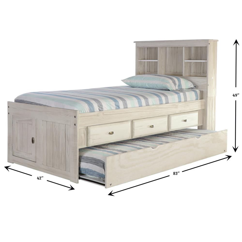 OS Home and Office Furniture Model 85220K3-22 Solid Pine Twin Captains Bookcase Bed with 3 drawers and a Twin Sized Trundle in Light Ash