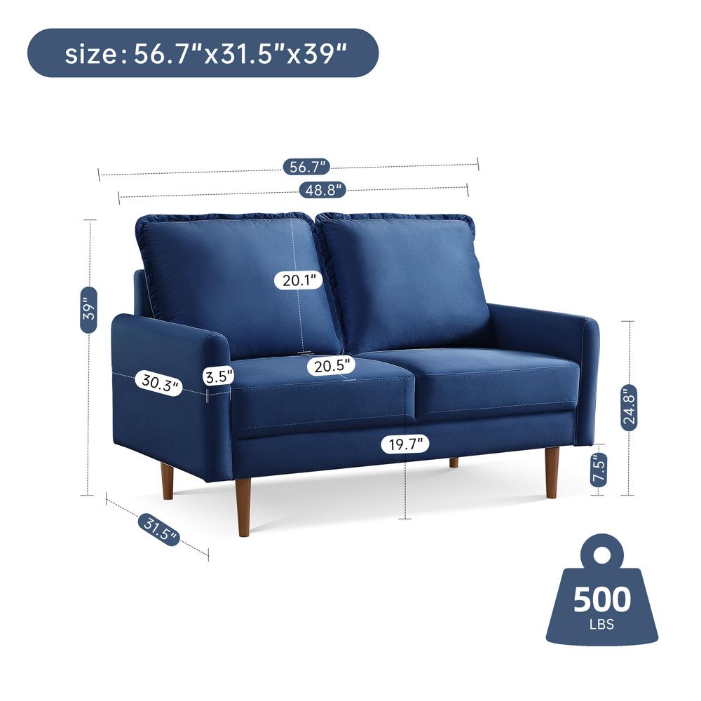 57 Inch Wide Upholstered Two Cushion Loveseat with Cambered Arms