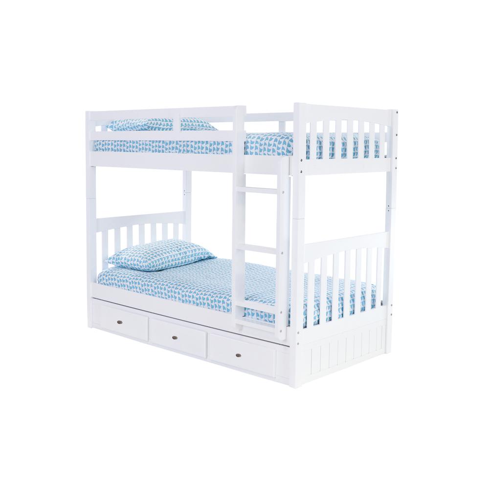Solid Pine Twin over Twin Bunk Bed with Three Drawers in Casual White