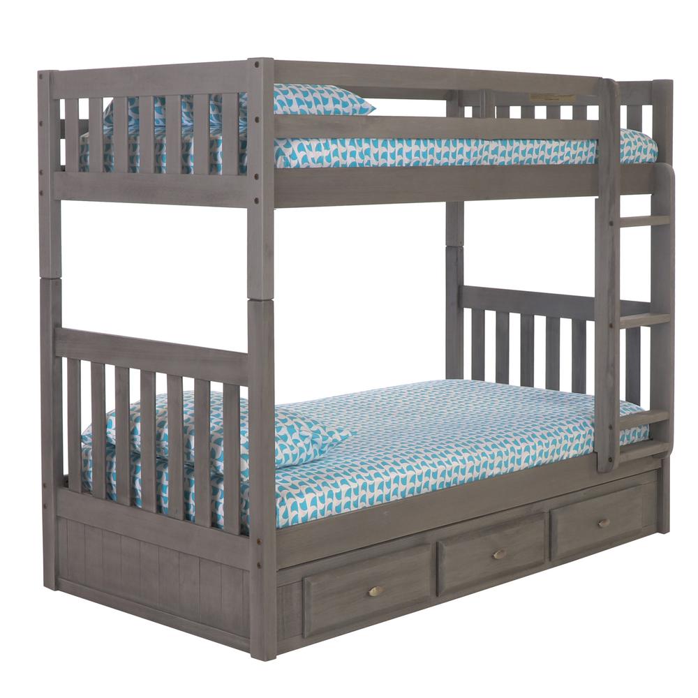 Solid Pine Twin/Twin Bunk Bed with Three Drawers in Charcoal Gray