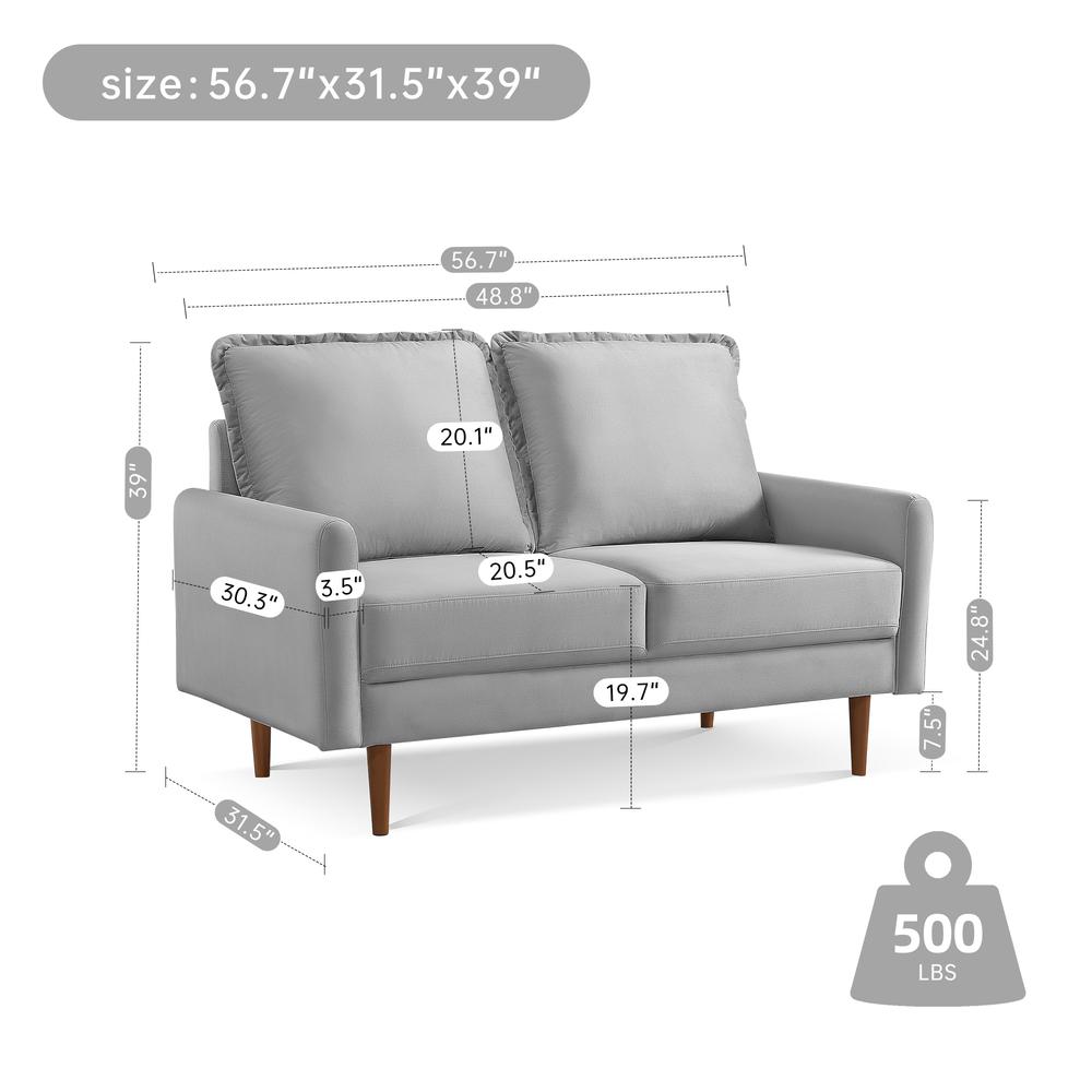 57 Inch Wide Upholstered Two Cushion Loveseat with Cambered Arms