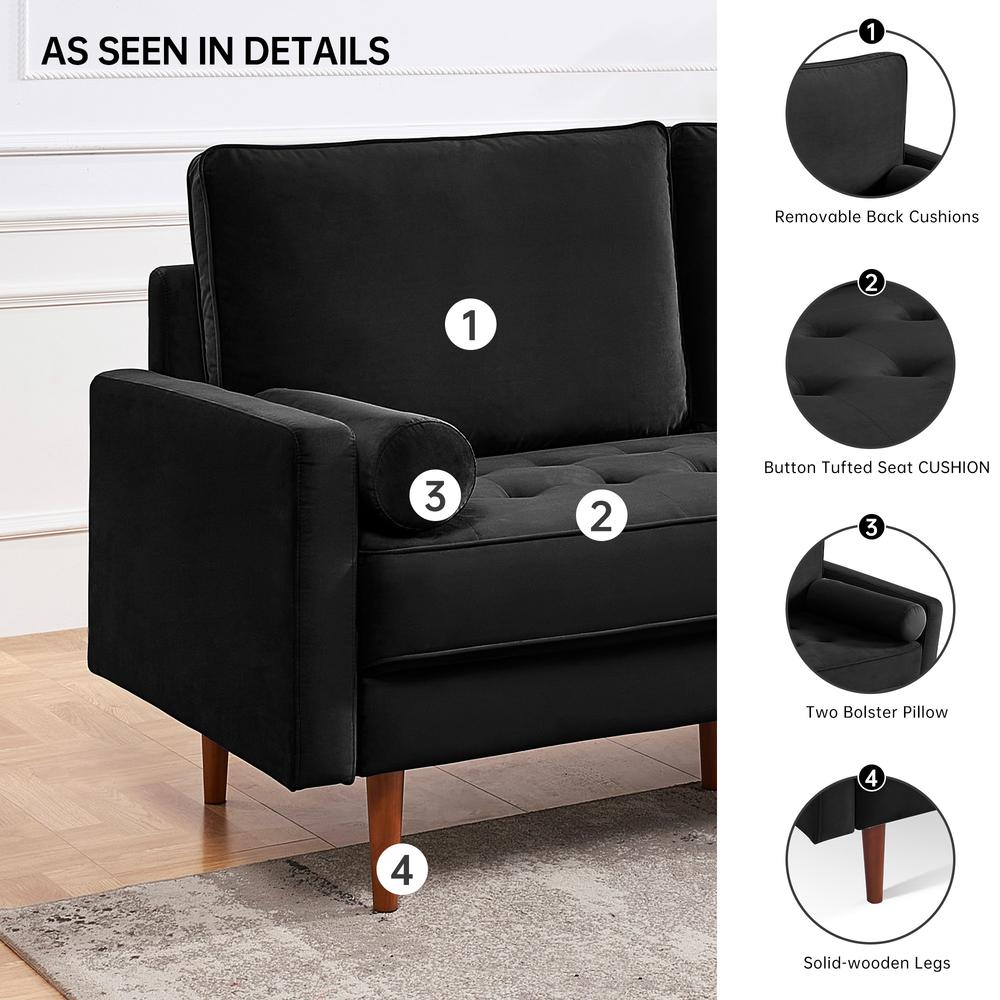 69 Inch Wide Upholstered Two Cushion Sofa with Bolster Pillows