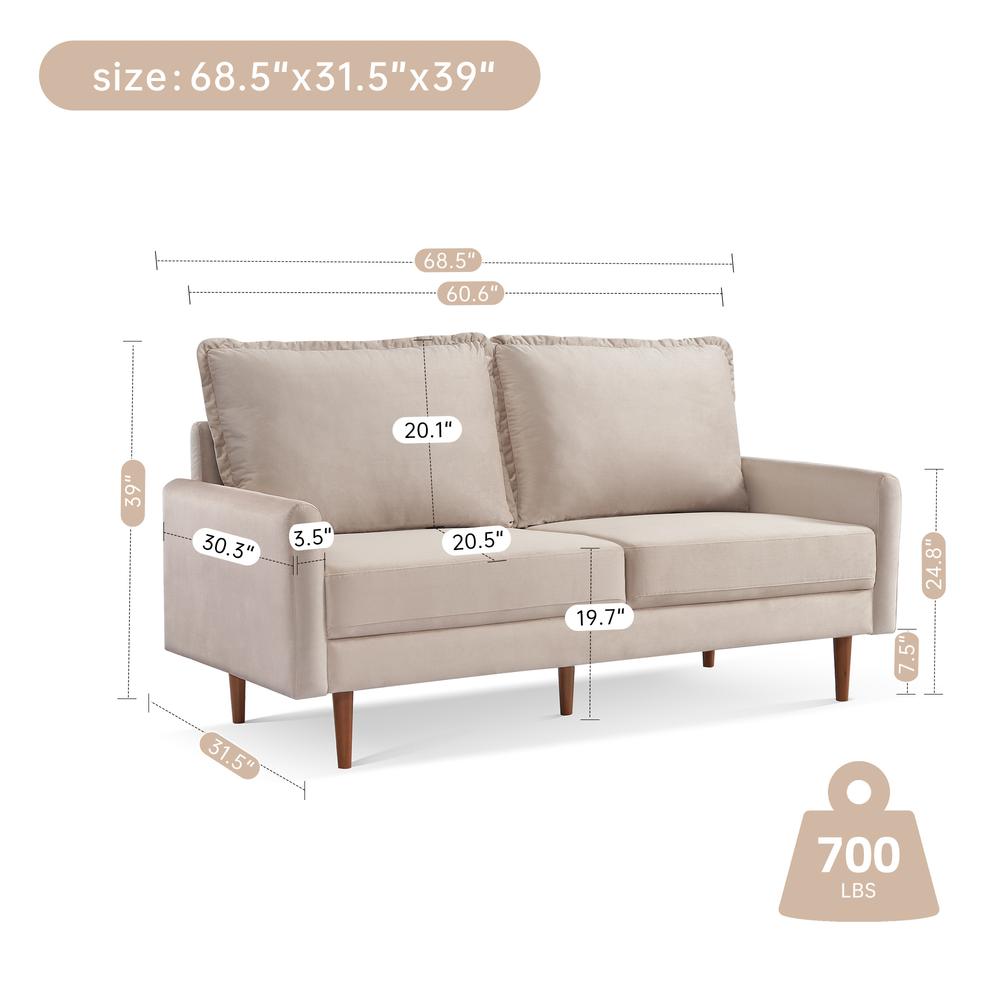 69 Inch Wide Upholstered Two Cushion Sofa with Cambered Arms