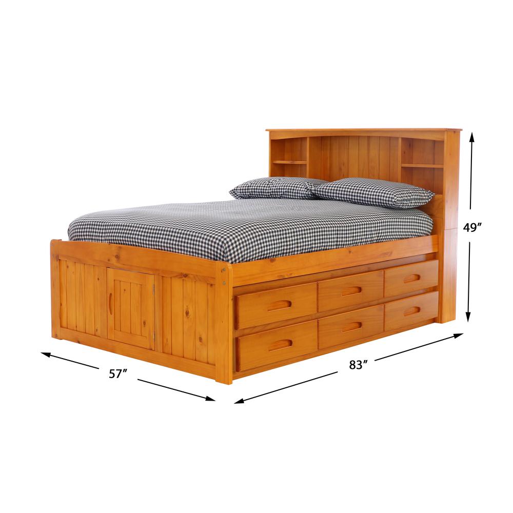 OS Home and Office Furniture Model 82121K6-22 Solid Pine Full Captains Bookcase Bed with 6 drawers in Warm Honey