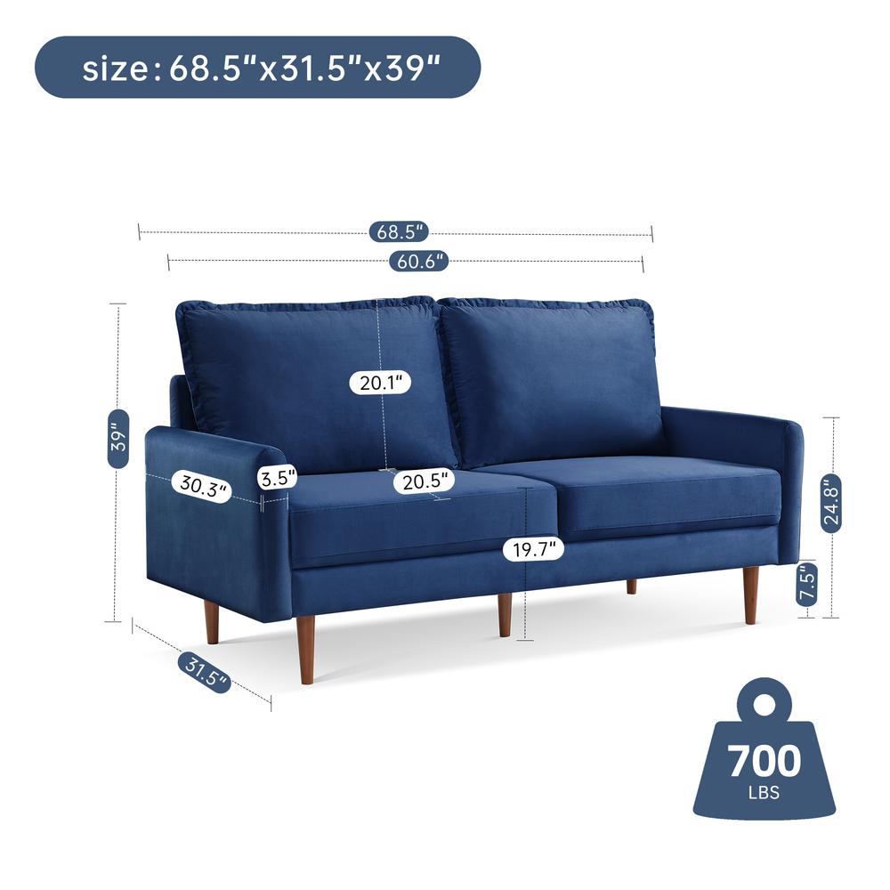 69 Inch Wide Upholstered Two Cushion Sofa with Cambered Arms