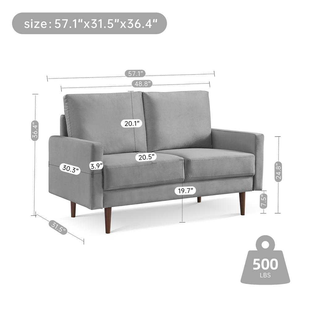 57 Inch Wide Upholstered Two Cushion Loveseat with Square Arms