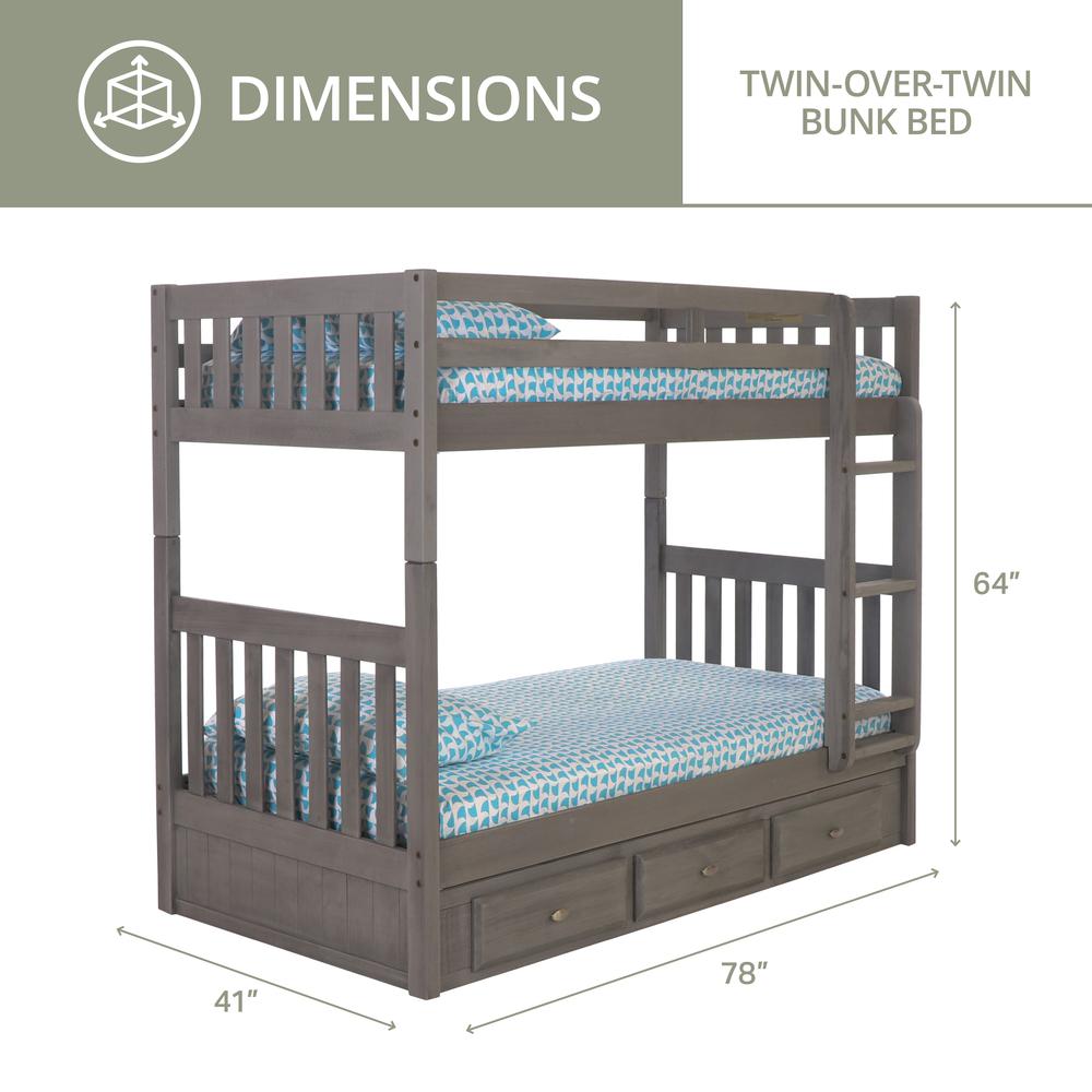 Solid Pine Twin/Twin Bunk Bed with Three Drawers in Charcoal Gray