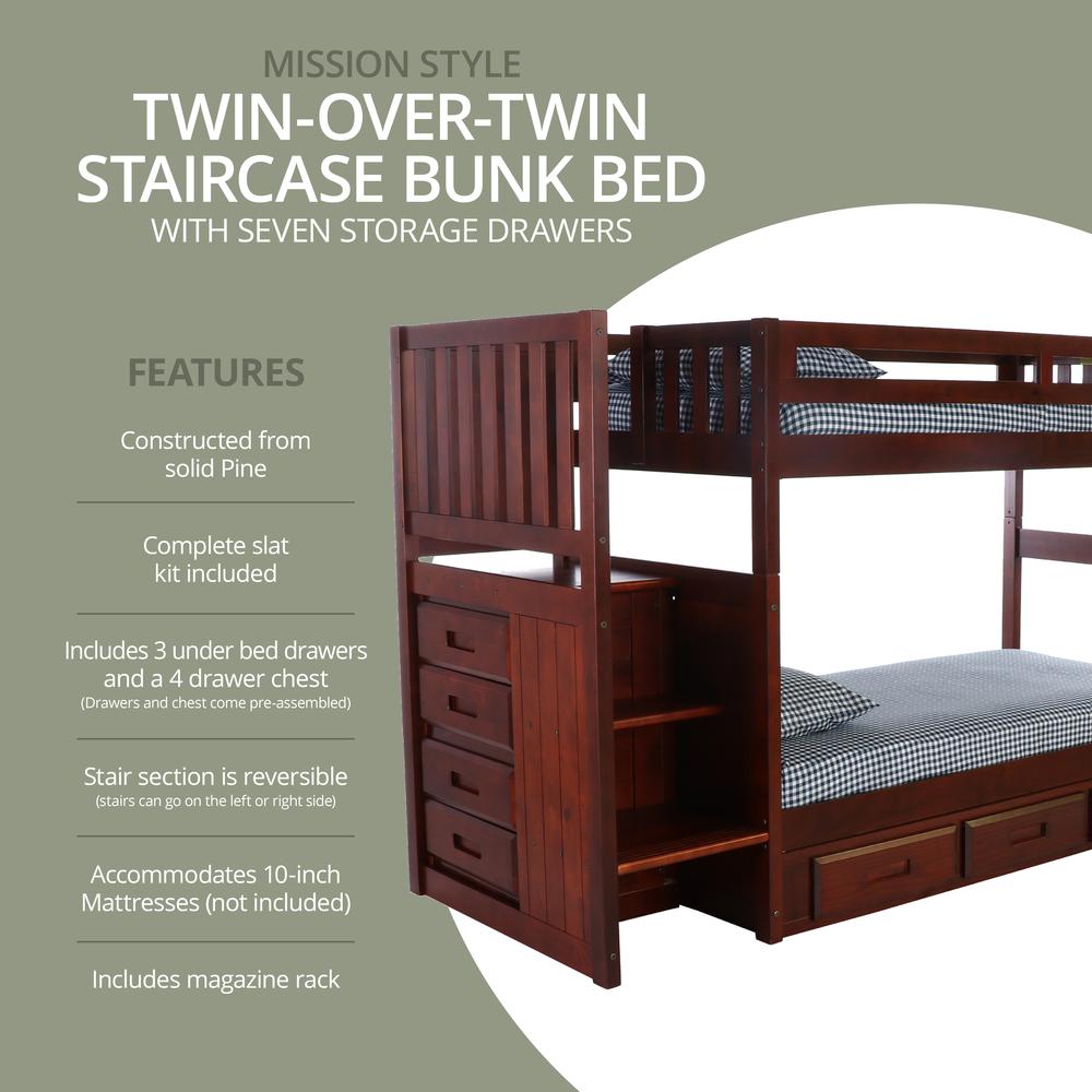 Solid Pine Mission Staircase Twin over Twin Bunk Bed with Seven Drawers