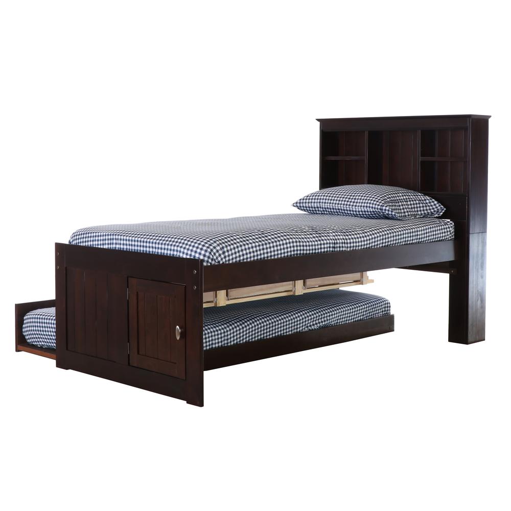 Twin Bookcase Bed with Three Drawers and a Twin Sized Trundle