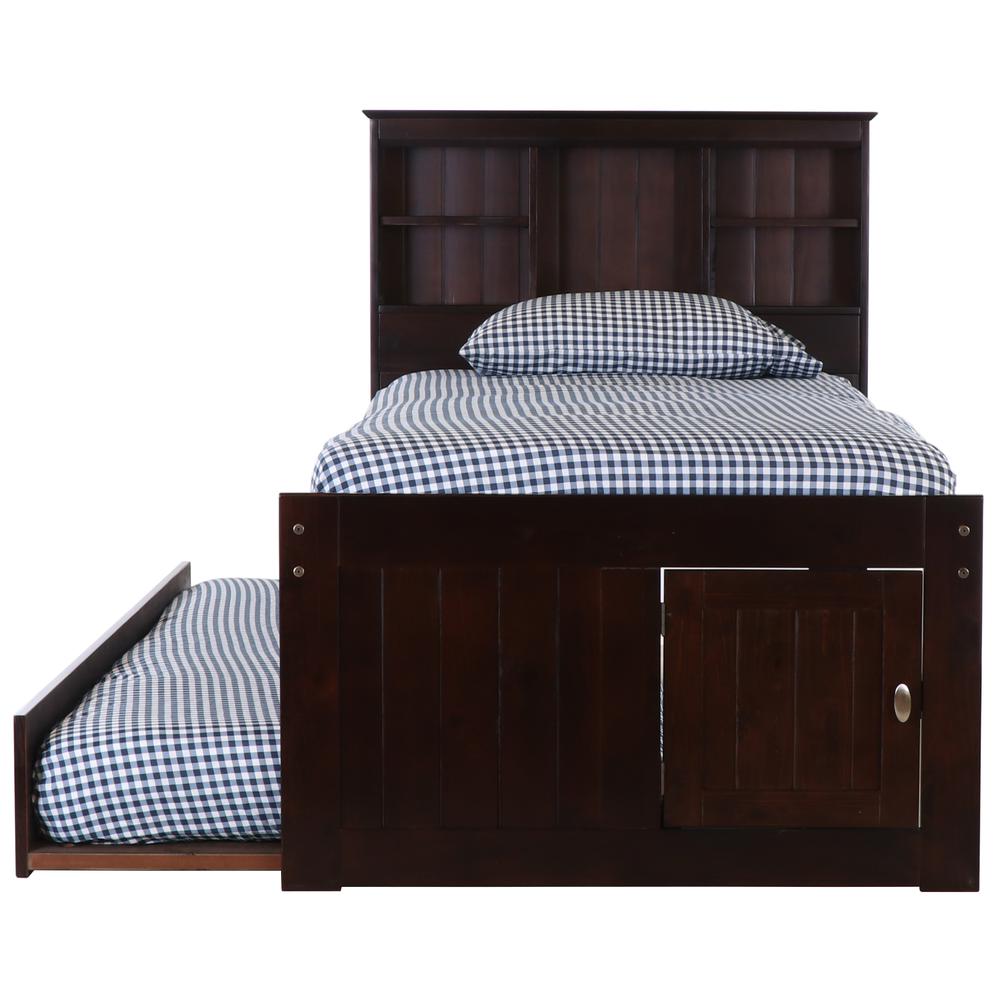 Twin Bookcase Bed with Three Drawers and a Twin Sized Trundle