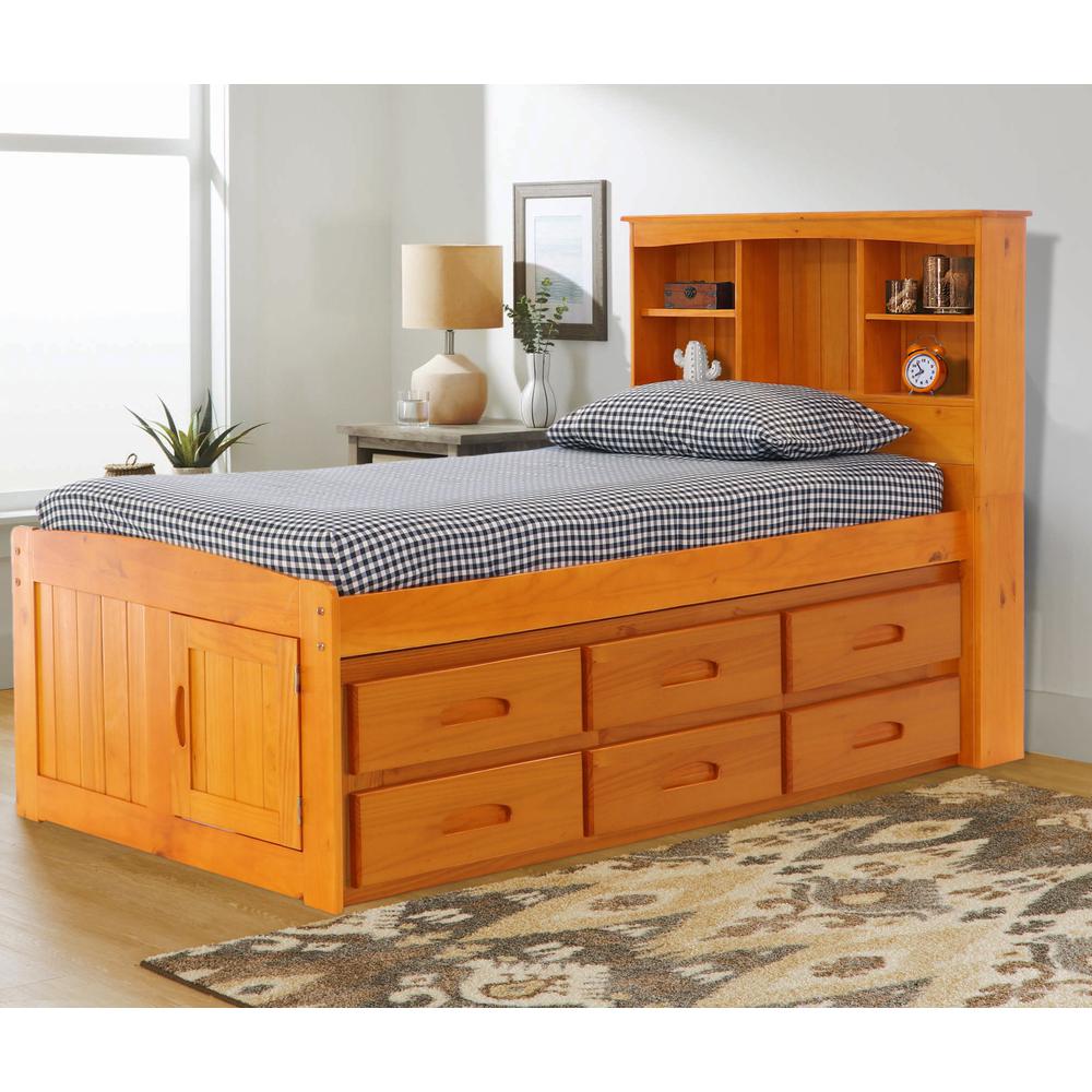 OS Home and Office Furniture Model 82120K6-22 Solid Pine Twin Captains Bookcase Bed with 6 drawers in Warm Honey