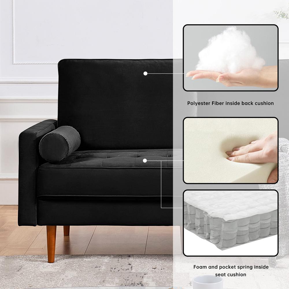 69 Inch Wide Upholstered Two Cushion Sofa with Bolster Pillows