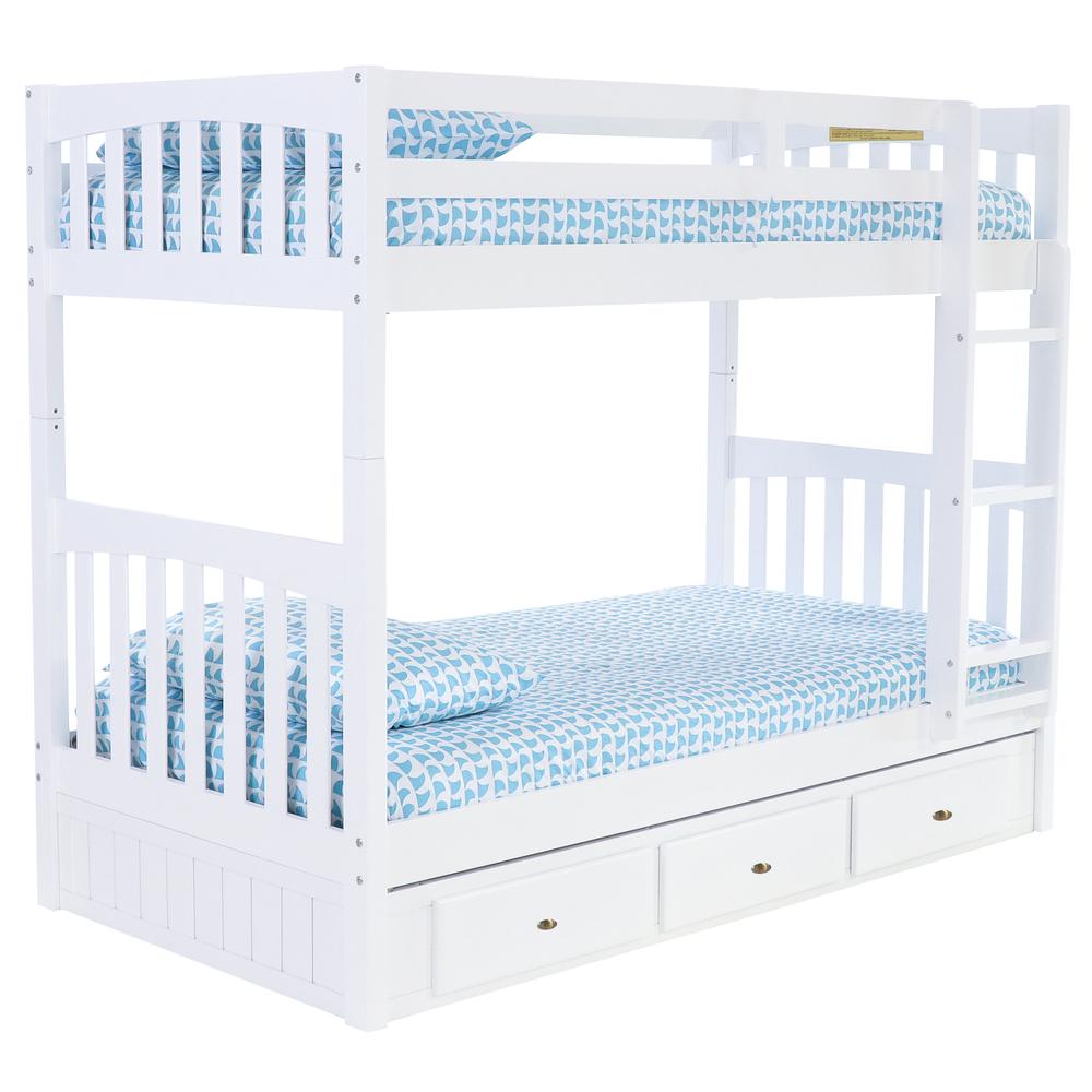 Solid Pine Twin over Twin Bunk Bed with Three Drawers in Casual White