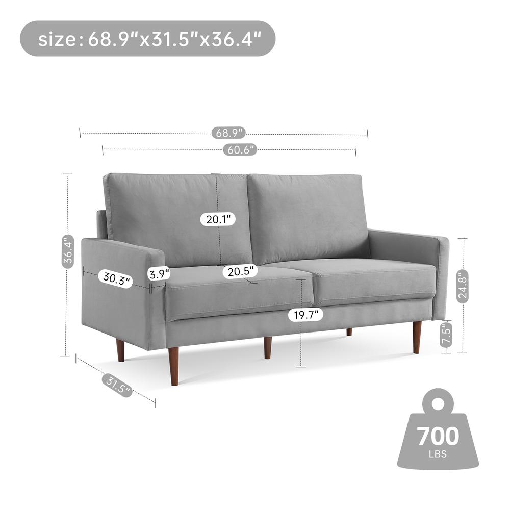 69 Inch Wide Upholstered Two Cushion Sofa with Square Arms
