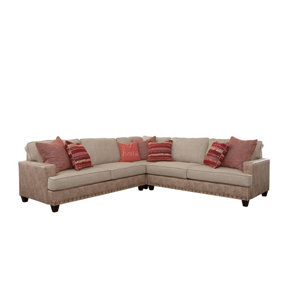 Transitional Track Arm Beige and Brown Three Piece L-Shaped Sectional Sofa