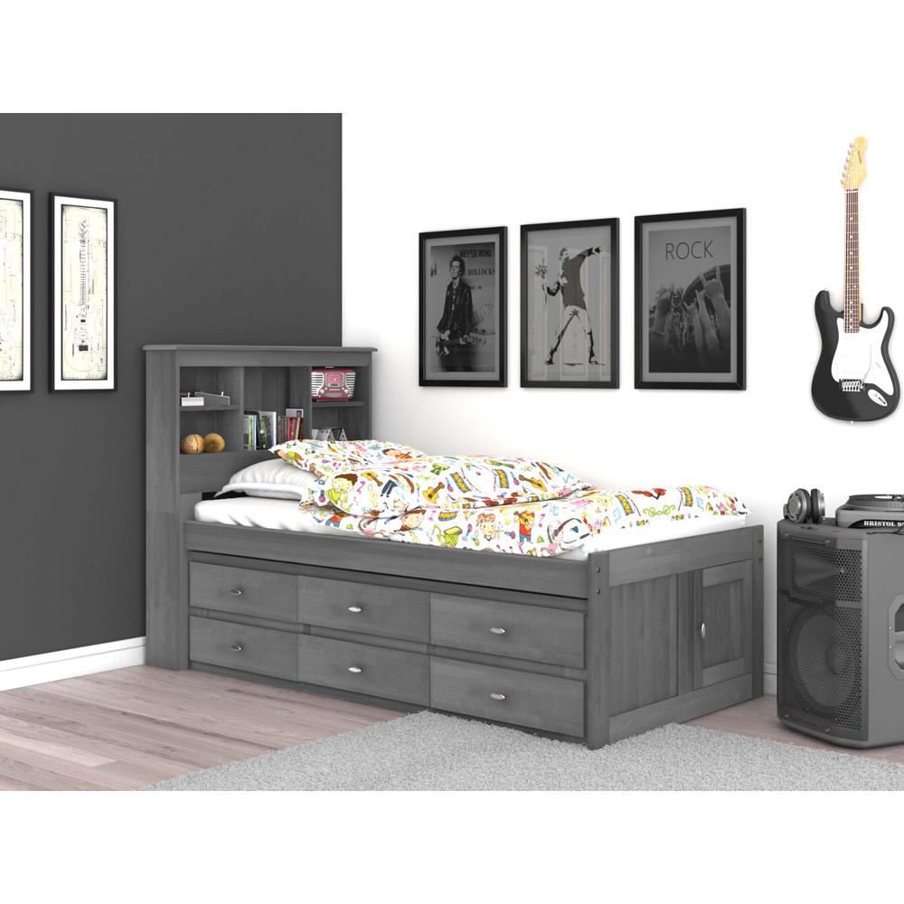 OS Home and Office Furniture Model 83220K6-22 Solid Pine Twin Captains Bookcase Bed with 6 drawers in Charcoal Gray