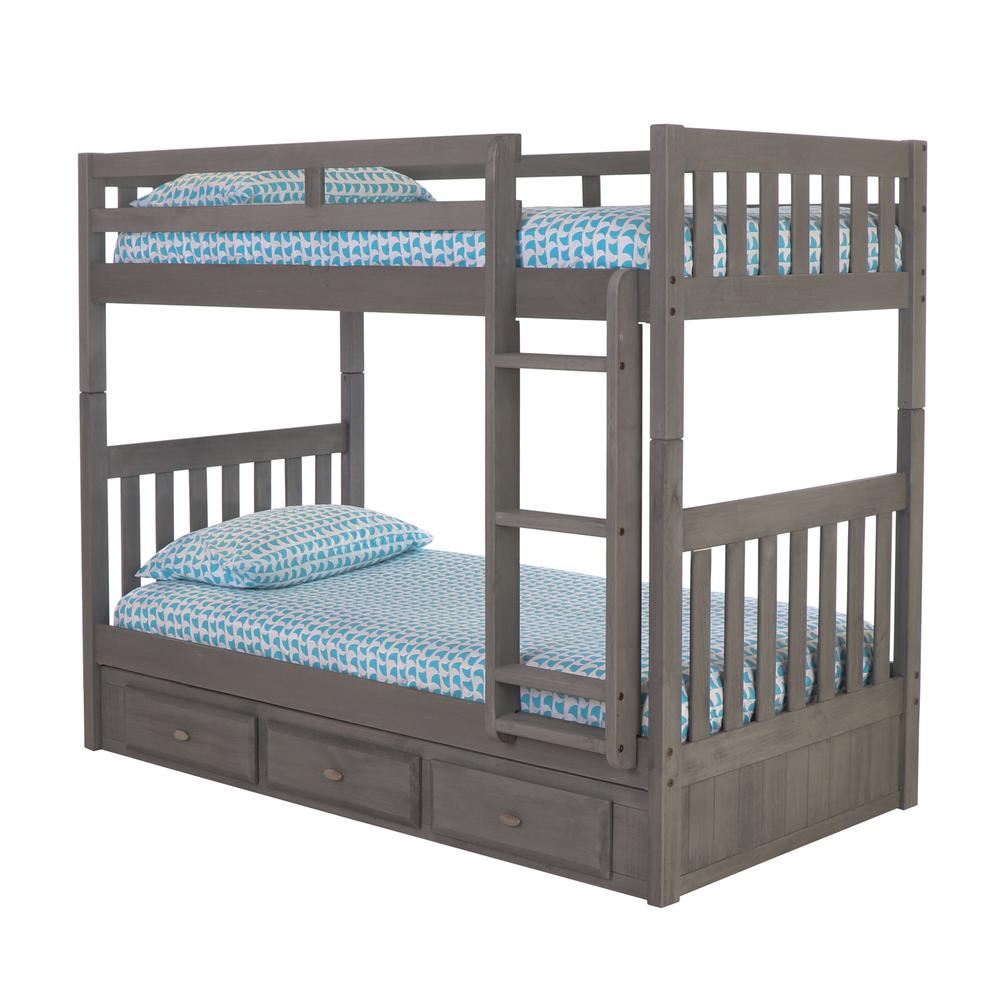Solid Pine Twin/Twin Bunk Bed with Three Drawers in Charcoal Gray