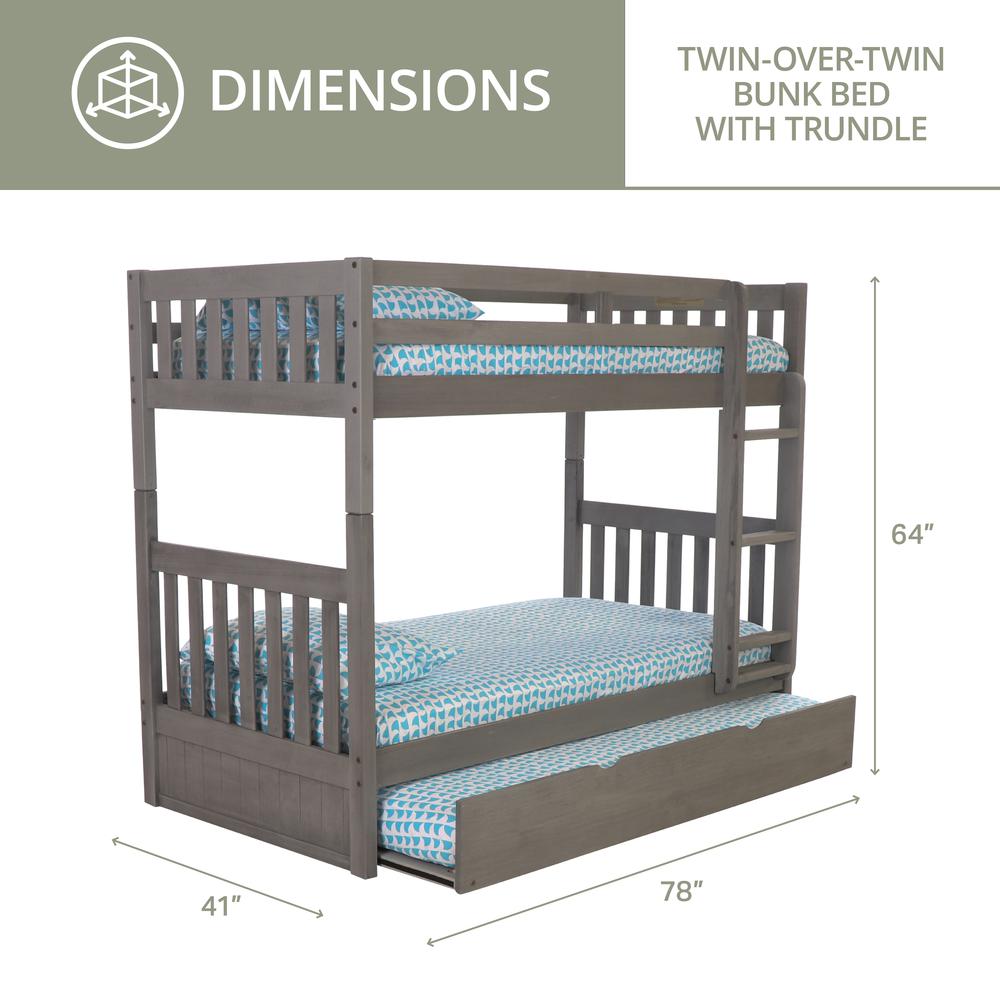 Solid Pine Twin/Twin Bunk Bed with Twin Trundle in Charcoal Gray