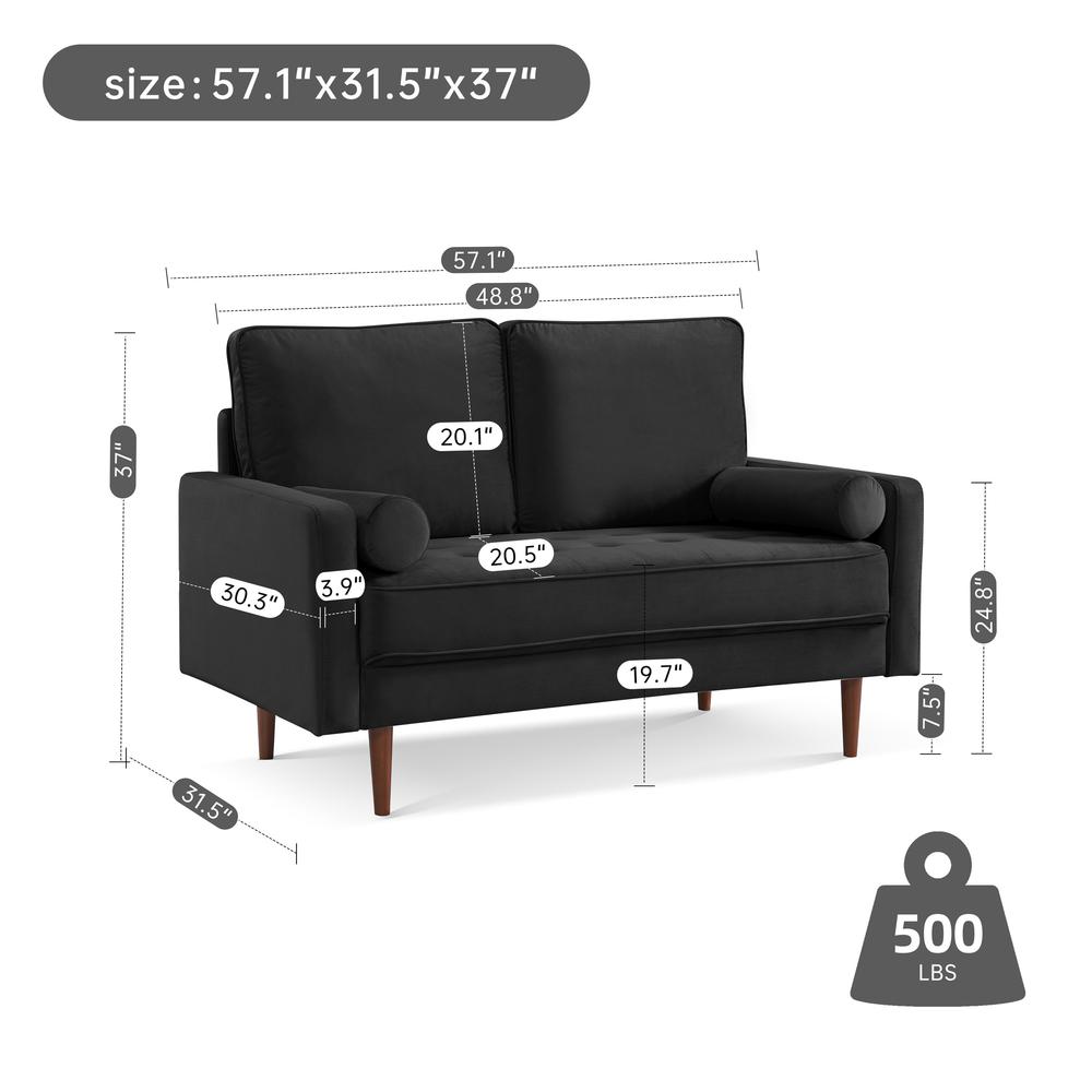 57 Inch Wide Upholstered Two Cushion Loveseat with Bolster Pillows