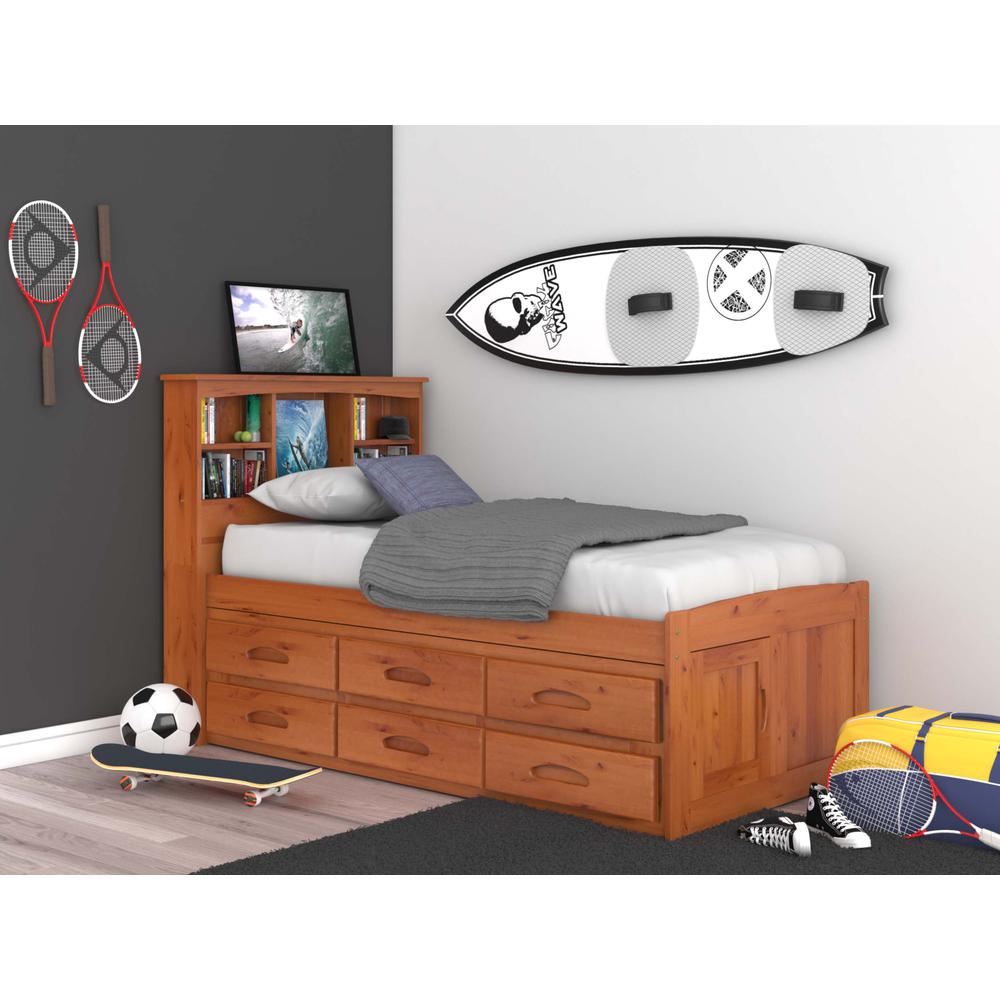 OS Home and Office Furniture Model 82120K6-22 Solid Pine Twin Captains Bookcase Bed with 6 drawers in Warm Honey