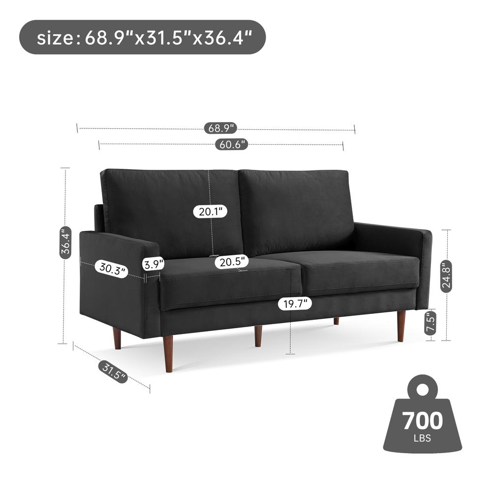 69 Inch Wide Upholstered Two Cushion Sofa with Square Arms