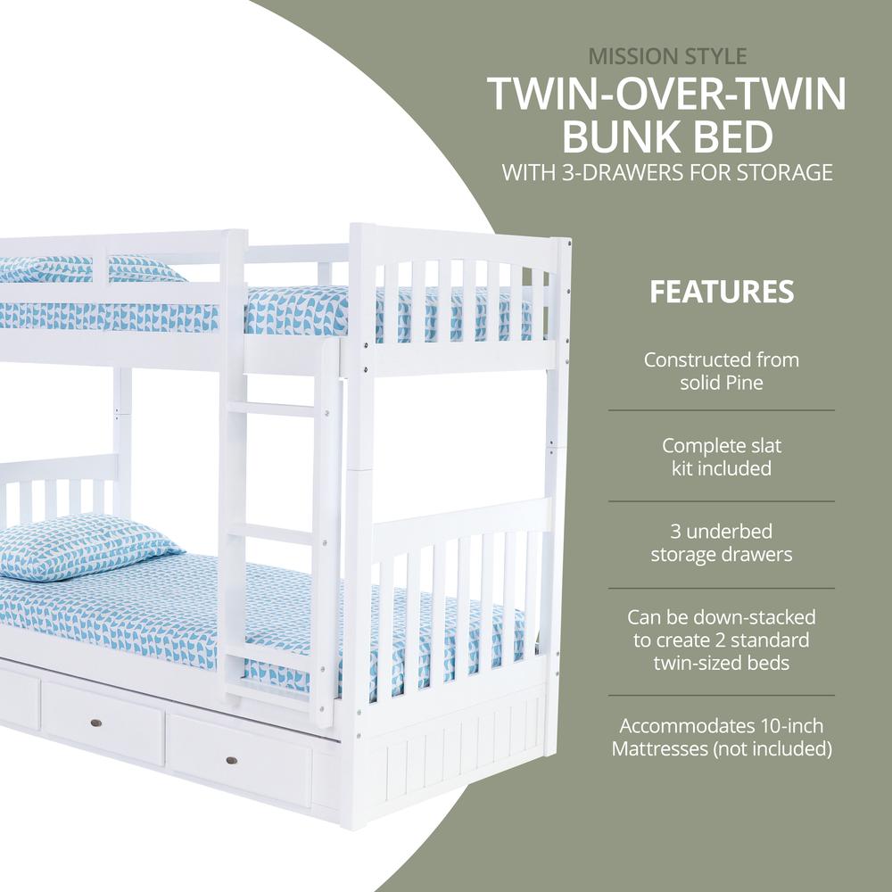 Solid Pine Twin over Twin Bunk Bed with Three Drawers in Casual White