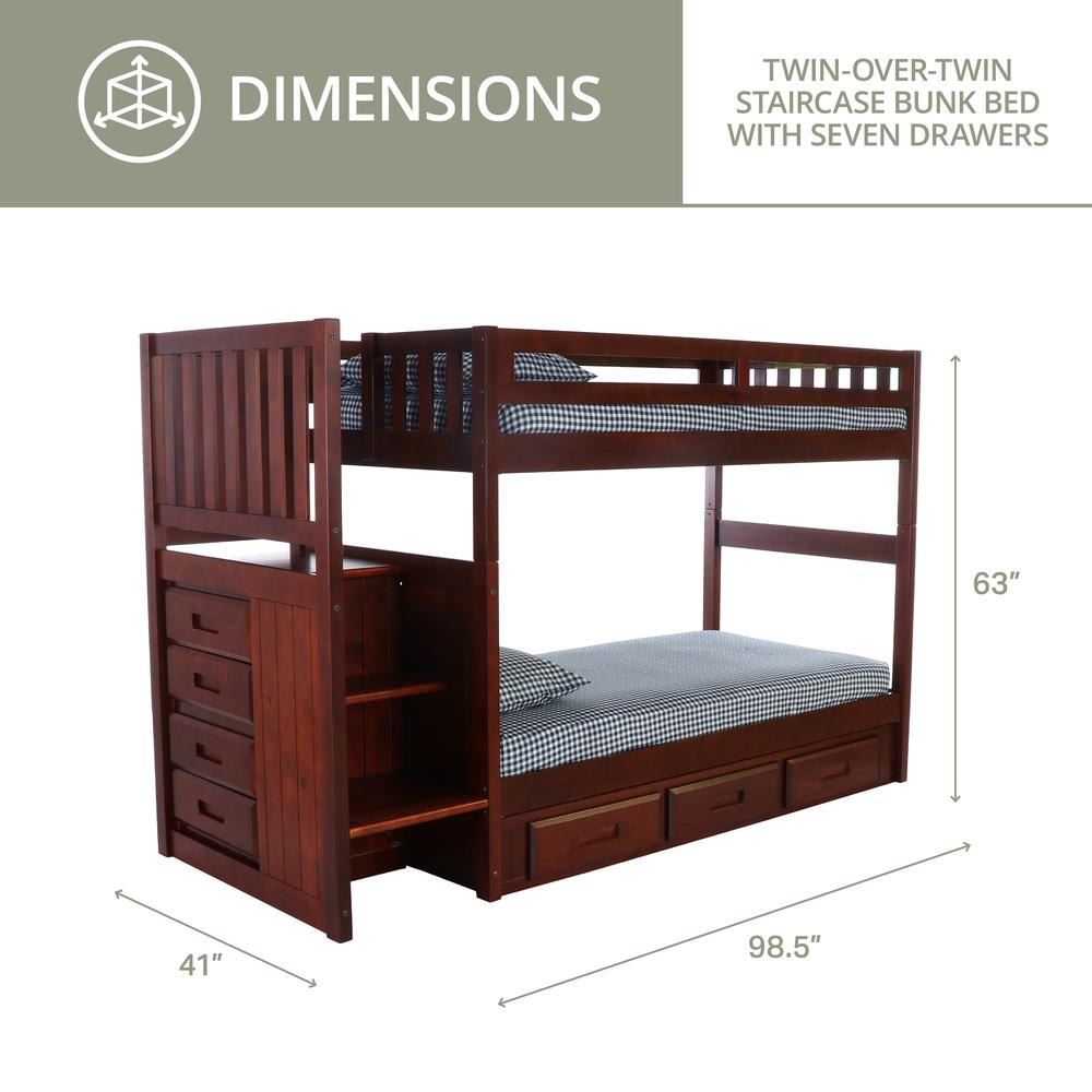 Solid Pine Mission Staircase Twin over Twin Bunk Bed with Seven Drawers