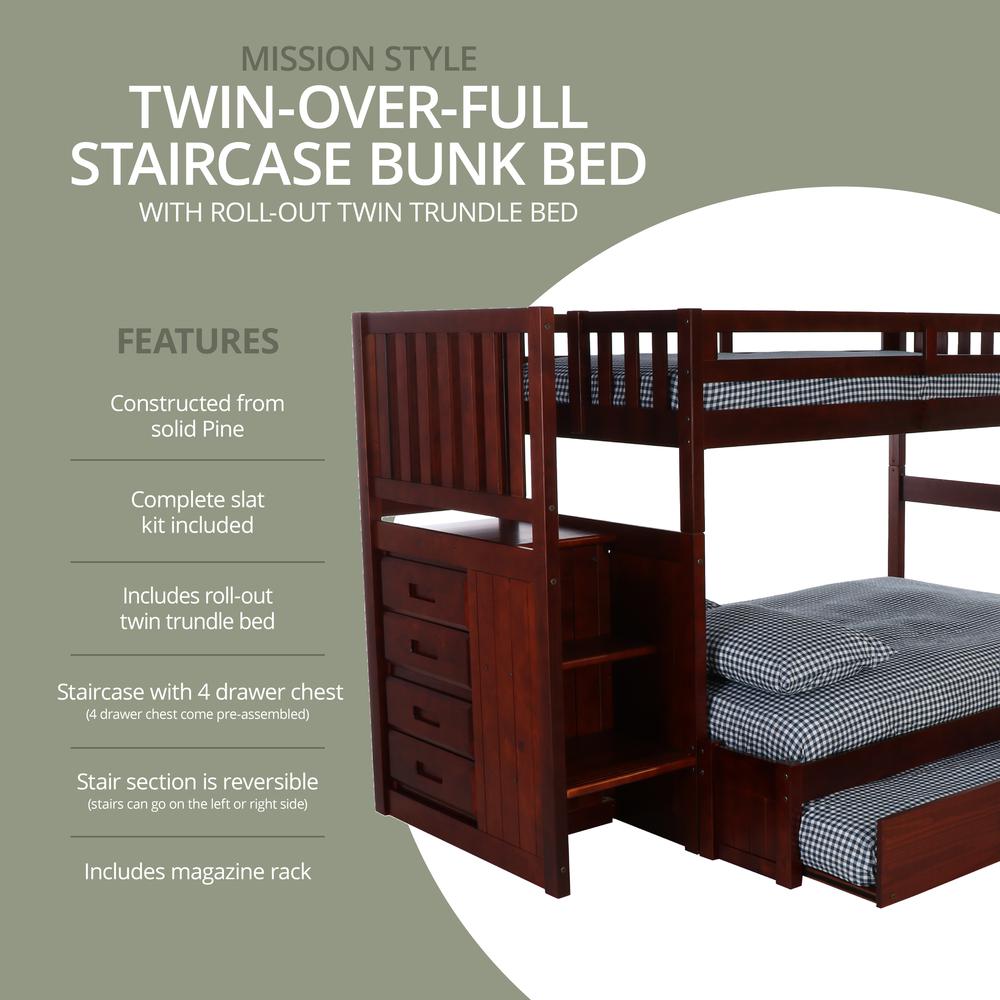 Solid Pine Mission Staircase Twin over Full Bunk Bed with Four Drawer Chest