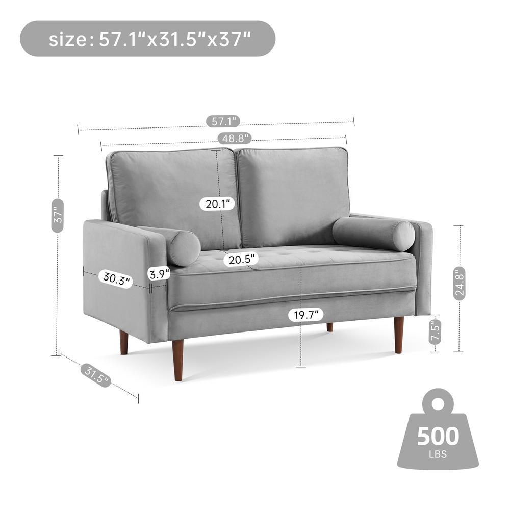 57 Inch Wide Upholstered Two Cushion Loveseat with Bolster Pillows
