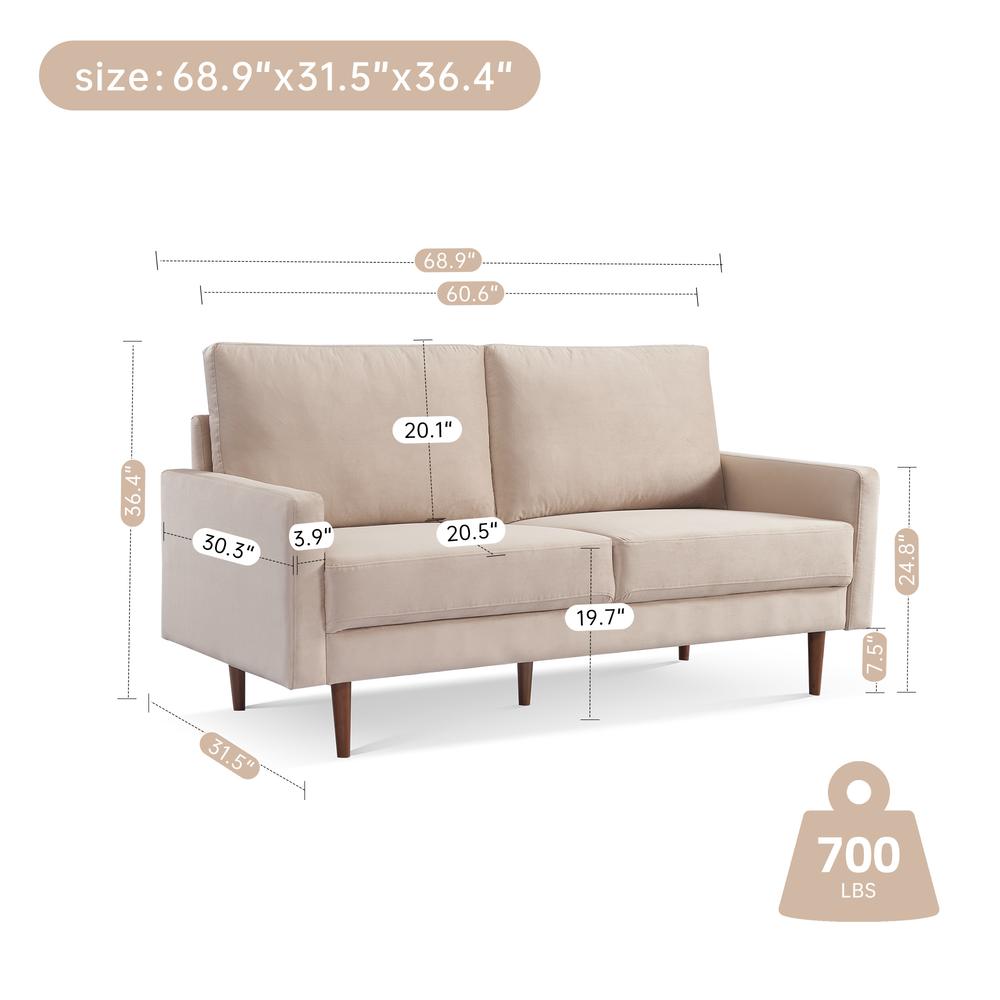 69 Inch Wide Upholstered Two Cushion Sofa with Square Arms