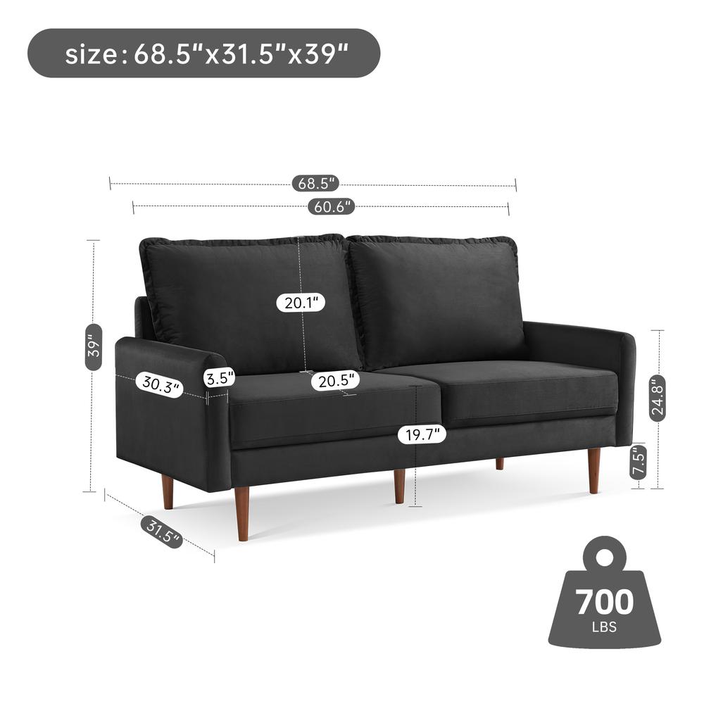 69 Inch Wide Upholstered Two Cushion Sofa with Cambered Arms