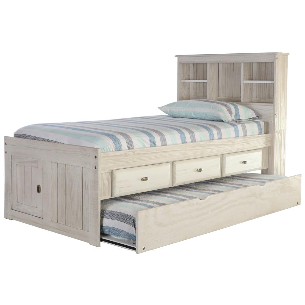OS Home and Office Furniture Model 85220K3-22 Solid Pine Twin Captains Bookcase Bed with 3 drawers and a Twin Sized Trundle in Light Ash