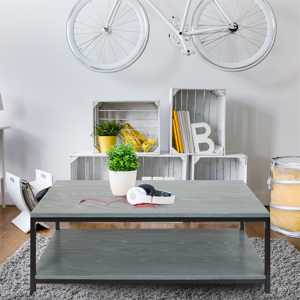 American Trails Studio Coffee Table with Solid Red Oak Top and Shelf – Gray Wash