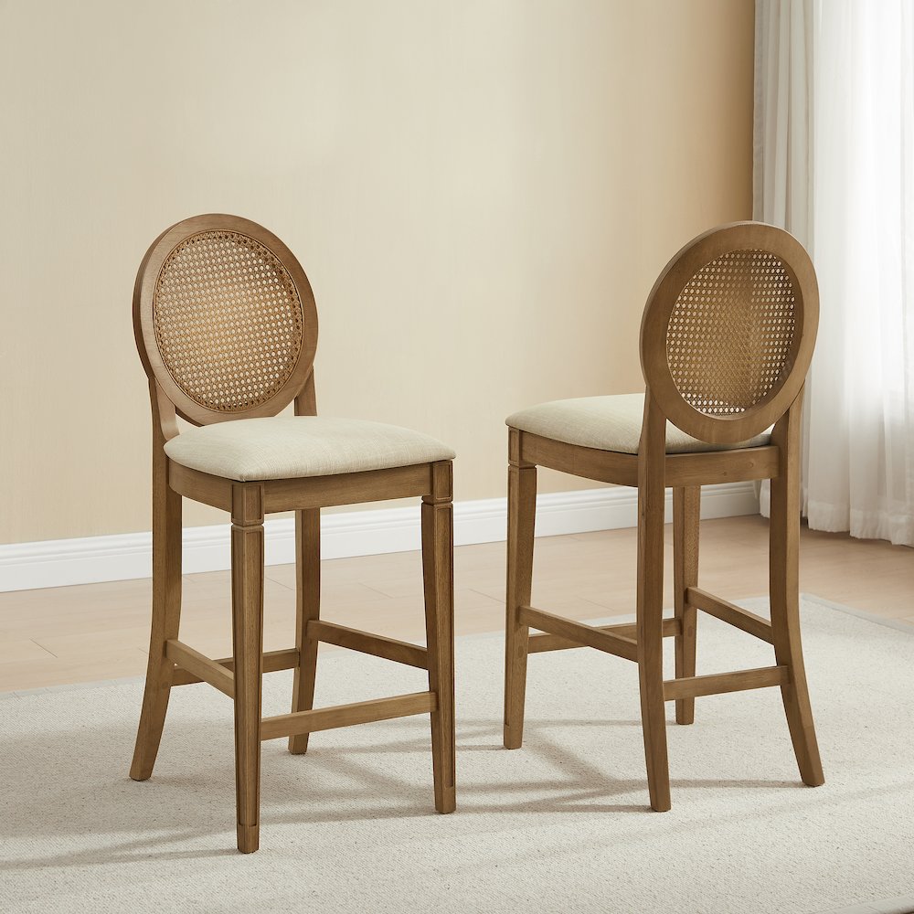 Katia 2-Piece Upholstered Cane-Back Counter Stool Set In Driftwood