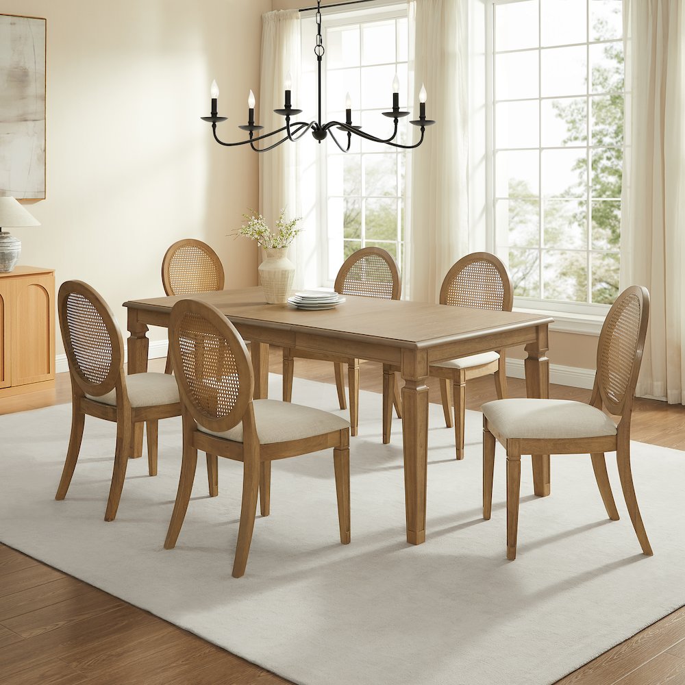 Katia 7Pc Dining Table Set For 6 Cane-Back Upholstered Chairs In Driftwood