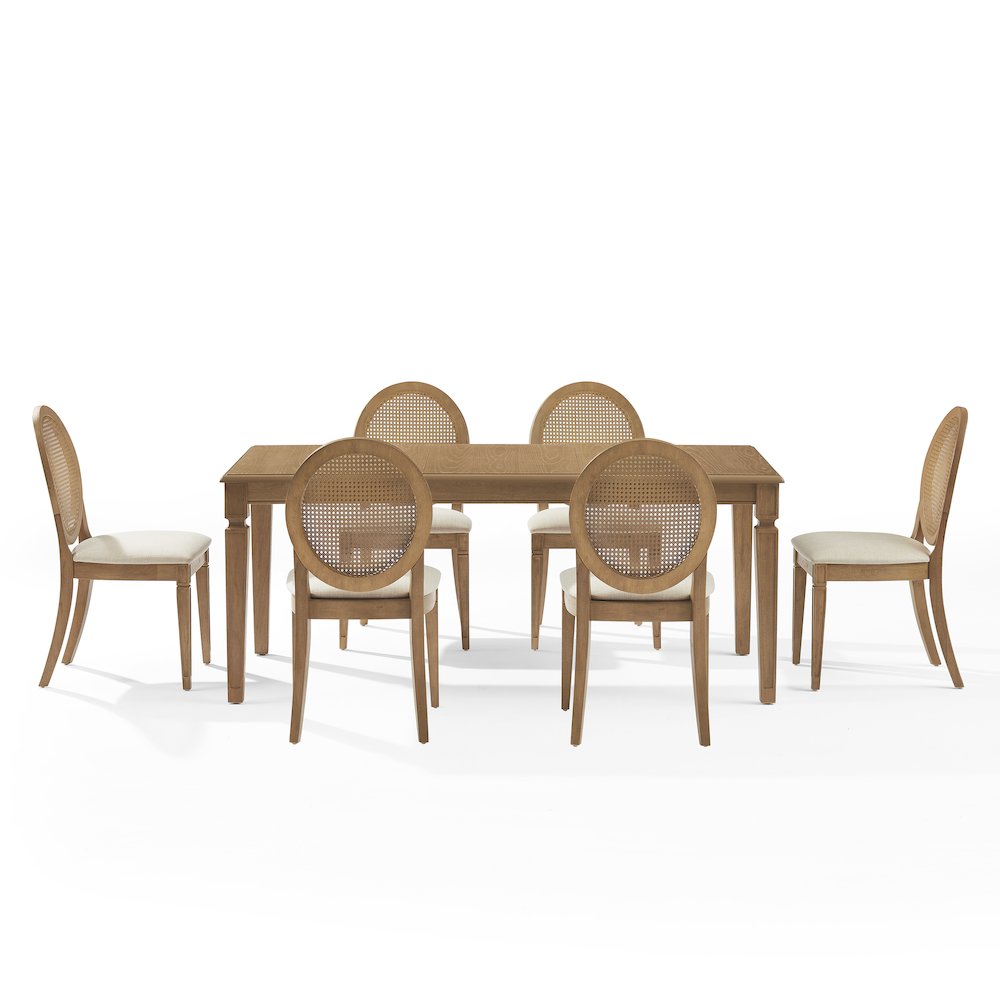 Katia 7Pc Dining Table Set For 6 Cane-Back Upholstered Chairs In Driftwood